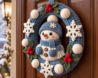 Patrón de corona de muñeco de nieve a crochet: decoración de invierno para la puerta y copos de nieve / PDF digital