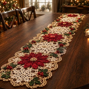 May include: A long, rectangular crochet table runner featuring a repeating pattern of deep red poinsettia flowers and cream-colored snowflake motifs. The design is accented with small green leaves and clusters of red berries along the scalloped edges.