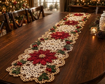 Patrón de camino de mesa de ganchillo con forma de flor de Pascua / Decoración festiva navideña (descarga en PDF)