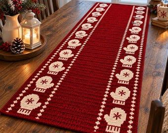 Crochet Table Runner Pattern – Winter Mittens, Snowflakes (PDF Download)