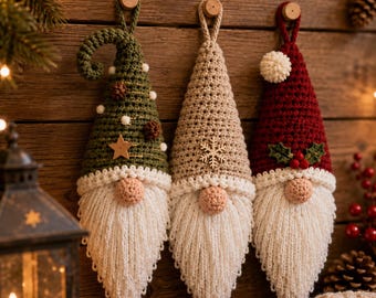 Patrón de gnomo de ganchillo, gnomo navideño verde bosque para colgar en la pared, tutorial en PDF para decoración navideña, descarga digital de amigurumi de gnomo para hacer tú mismo