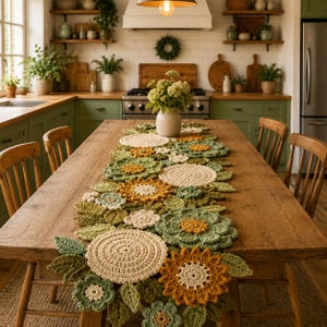 May include: A long, decorative table runner crafted from crocheted floral and leaf motifs in shades of sage green, olive, cream, and mustard yellow. The runner features various circular flower patterns and textured foliage arranged in a dense, layered design.