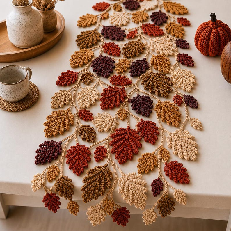 May include: A crochet table runner featuring a cascading vine design with numerous oak leaves in shades of cream, tan, brown, rust, and deep burgundy. The leaves are connected by a central crocheted vine structure, creating a textured autumn display.