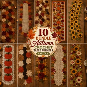 Peut inclure: Un collage numérique de dix modèles de chemins de table au crochet sur le thème de l'automne. Les motifs incluent des arrangements variés de feuilles d'érable, tournesols, citrouilles, roses et champignons dans des tons orange, rouge, brun, jaune et crème.