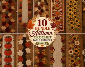 Paquete de 10 patrones de camino de mesa de ganchillo para otoño, decoración de mesa otoñal, decoración para la cena de Acción de Gracias, conjunto de patrones de ganchillo en PDF