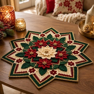 Puede incluir: Un tapete de ganchillo en forma de estrella con una flor de pascua color crema en el centro, rodeada de flores de pascua rojas y hojas verde oscuro. El diseño incluye pequeñas cuentas doradas en el centro de cada flor, con hilo crema, rojo y verde.