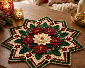 Patrón de centro de mesa de estrella de flor de Pascua a crochet, decoración navideña en PDF, tutorial de camino de mesa de invierno a crochet.