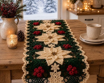 Patrón de ganchillo - Camino de mesa de invierno con flor de Pascua, decoración navideña para el hogar, descarga digital en PDF.