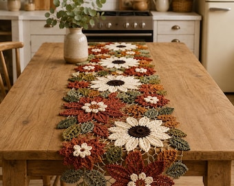 Patrón de camino de mesa de ganchillo con estampado floral otoñal / Tutorial en PDF para decoración moderna del hogar en otoño / Descarga instantánea
