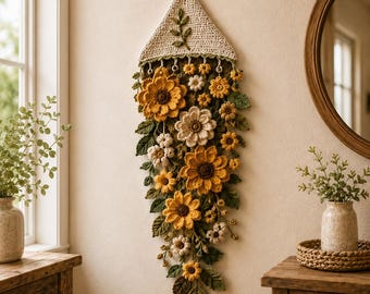 Tutorial de ganchillo para ramo colgante de girasoles y margaritas de estilo rústico campestre.