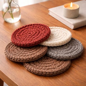 May include: A collection of six handmade, round crochet coasters in various colors: rust, cream, brown, gray, and tan. The coasters are arranged on a wooden surface, with a lit candle and a book in the background.