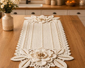 Patrón PDF para camino de mesa de ganchillo: elegante centro de mesa con encaje floral y flores en 3D.