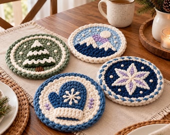 Crochet Winter Coasters Pattern: 3D Mountain, Mitten, Pine Tree & Snowflake Set | Digital PDF