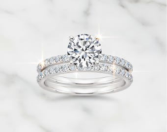 CZ Solitaire bruidsringset, 925 sterlingzilveren pavé trouwringen