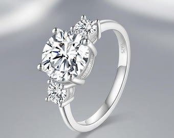 Moissaniet verlovingsring, 2 kt sterlingzilveren bruidsring met drie stenen