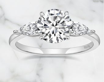 Moissaniet verlovingsring, 2 kt rond, perenstenen, sterlingzilver