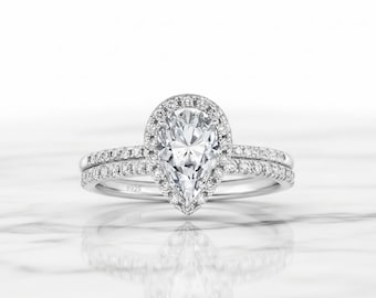 Set met peergeslepen halo-bruidsring, 925 sterlingzilveren trouwring