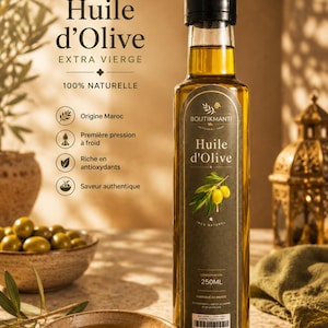 May include: A bottle of extra virgin olive oil with the text "Huile d'Olive" and "100% Naturelle". The bottle is 250ml and has a black cap. A small bowl of olive oil and olives are in the foreground.