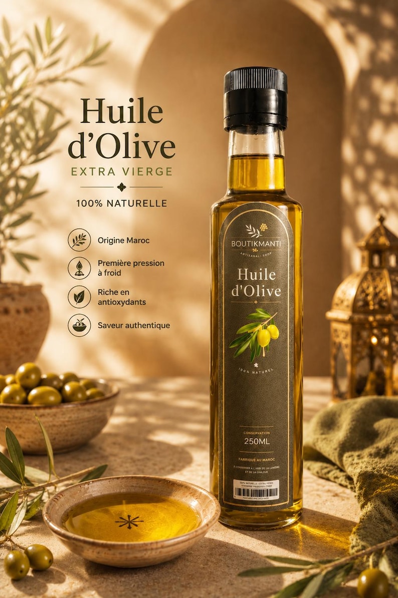 May include: A bottle of extra virgin olive oil with the text "Huile d'Olive" and "100% Naturelle". The bottle is 250ml and has a black cap. A small bowl of olive oil and olives are in the foreground.