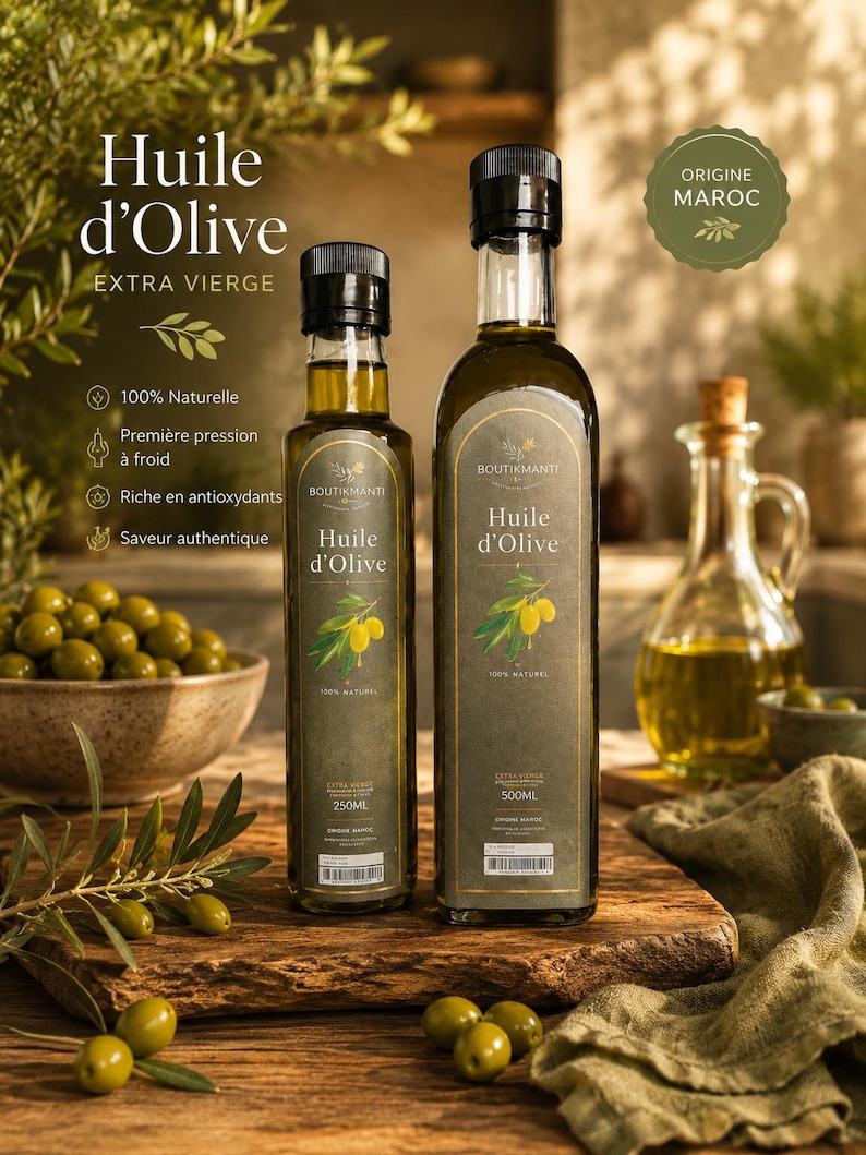 May include: Two bottles of extra virgin olive oil, labeled "Huile d'Olive" with "100% Naturel" and "Origine Maroc" text. The bottles are on a wooden surface, with olives and a bowl in the background. The bottles are 250ml and 500ml.
