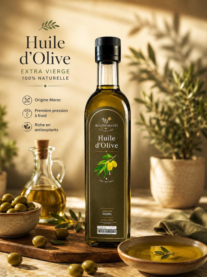 May include: A tall, rectangular olive oil bottle with a black cap and a dark green label. The label features the text "Huile d'Olive" and a sprig of olives. The bottle is 500ml. Other bottles and bowls of olives are in the background.