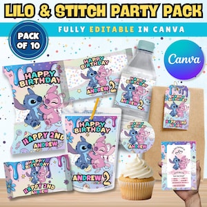 May include: A Lilo & Stitch party pack with various items, including a juice box, water bottle, and cupcake. The items feature the characters Lilo and Stitch, with text that reads "Happy Birthday" and "Andrew 2".