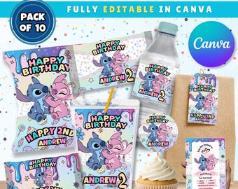 Lot de 10 points de cadeau | Cadeaux d'anniversaire Lilo et Stitch | Décoration d'anniversaire au point | Étiquette de bouteille d'eau | Sac à croustilles | Étiquette pour décoration de gâteau