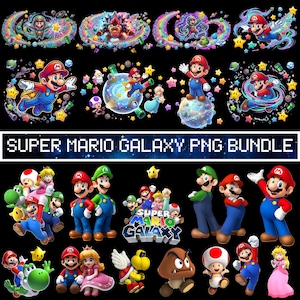 Peut inclure: Une collection d'images PNG color&eacute;es de Super Mario Galaxy. Les images pr&eacute;sentent Mario, Luigi, la princesse Peach et d'autres personnages dans diverses poses, entour&eacute;s d'&eacute;toiles et de plan&egrave;tes. Le texte "SUPER MARIO GALAXY PNG BUNDLE" est affich&eacute;.