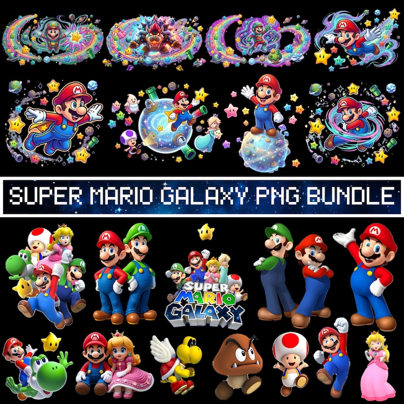 Peut inclure: Une collection d'images PNG color&eacute;es de Super Mario Galaxy. Les images pr&eacute;sentent Mario, Luigi, la princesse Peach et d'autres personnages dans diverses poses, entour&eacute;s d'&eacute;toiles et de plan&egrave;tes. Le texte "SUPER MARIO GALAXY PNG BUNDLE" est affich&eacute;.