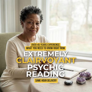 May include: A person wearing a cream-colored long-sleeve top sits at a table with an open notebook and two purple amethyst crystals. Text overlays read: OVER 45 YEARS EXPERIENCE, WHAT YOU NEED TO KNOW RIGHT NOW, EXTREMELY CLAIRVOYANT PSYCHIC READING, SAME HOUR DELIVERY.