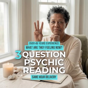 May include: An older woman with short, curly gray hair makes a peace sign. Text on the image reads "OVER 45 YEARS EXPERIENCE, WHAT ARE THEY FEELING NOW?, 3 QUESTION PSYCHIC READING, SAME HOUR DELIVERY."