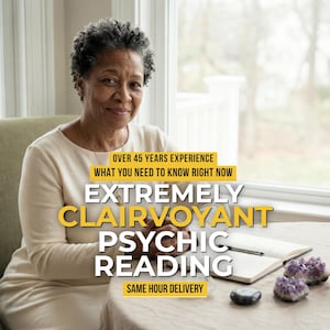 May include: An image shows a woman seated at a table with a notebook, pen, and crystals. The text on the image says "OVER 45 YEARS EXPERIENCE", "EXTREMELY CLAIRVOYANT PSYCHIC READING", and "SAME HOUR DELIVERY". The woman wears a cream-colored top.