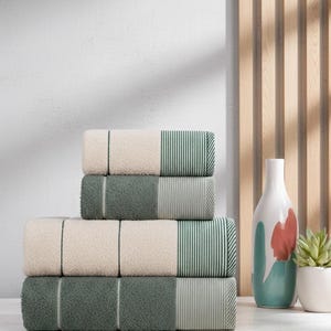 4 Piece Turkish Cotton Bathroom Towel Set, 2 Bath Towels 70x140 cm & 2 Hand Towels 50x90 cm, Striped Bath Linen, Soft Absorbent Towel Set