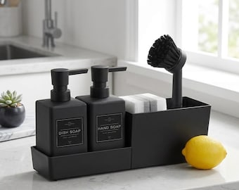 Dispensador de jabón de cocina negro 4 en 1 - Organizador para fregadero y juego de cepillos