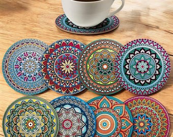 Set di 8 sottobicchieri Mandala - Sottobicchieri in legno, decorazioni per bar, regalo di inaugurazione della casa, accessori per scrivania da ufficio
