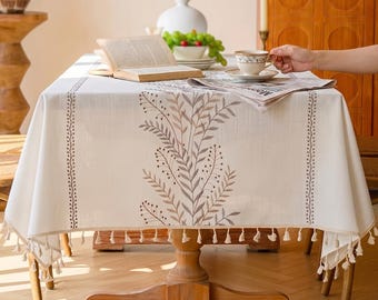 Cotton LinenTablecloth -Embroidered Table Cover, Farmhouse Dining