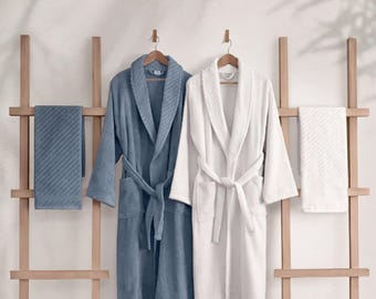 Juego de batas de baño para parejas de 4 piezas - Batas y toallas de algodón azul y blanco