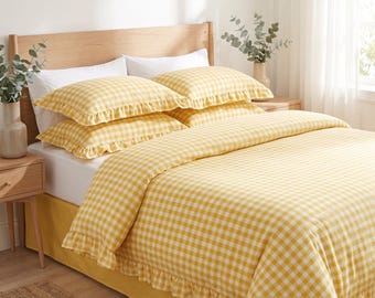 Yellow Gingham Cotton Duvet Cover Set - Single, Ruffled Design
