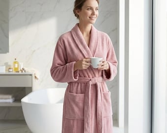 Dusty Rose Cotton Bathrobe - Unisex Shawl Collar Spa Robe