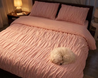Rosa Bettbezug-Set aus Baumwolle - Rüschendesign, Queen-Size-Bettwäsche