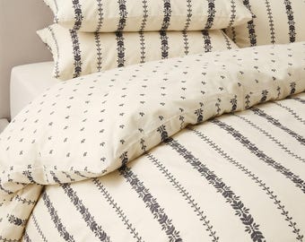 Juego de funda nórdica - Rayas florales, juego de ropa de cama doble para dormitorio
