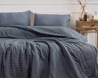 Cotton Sateen Bedding Set - Queen Size, Striped Bed Set for Cozy Bedroom