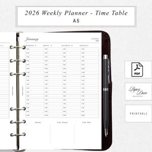 May include: A 2026 weekly planner with a time table layout, featuring the month of January. The planner is A5 size and includes a pen. The text "2026 Weekly Planner - Time Table" and "A5" are visible. The planner also has a "PDF" icon and the text "Paper Dove Designs" and "Printable".