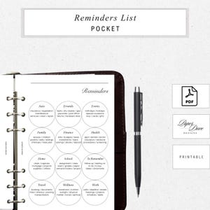 May include: A dark brown leather planner with a black pen, displaying a "Reminders List" and circular categories such as "Auto," "Family," and "Travel." The planner also includes a "PDF" icon and the word "PRINTABLE."