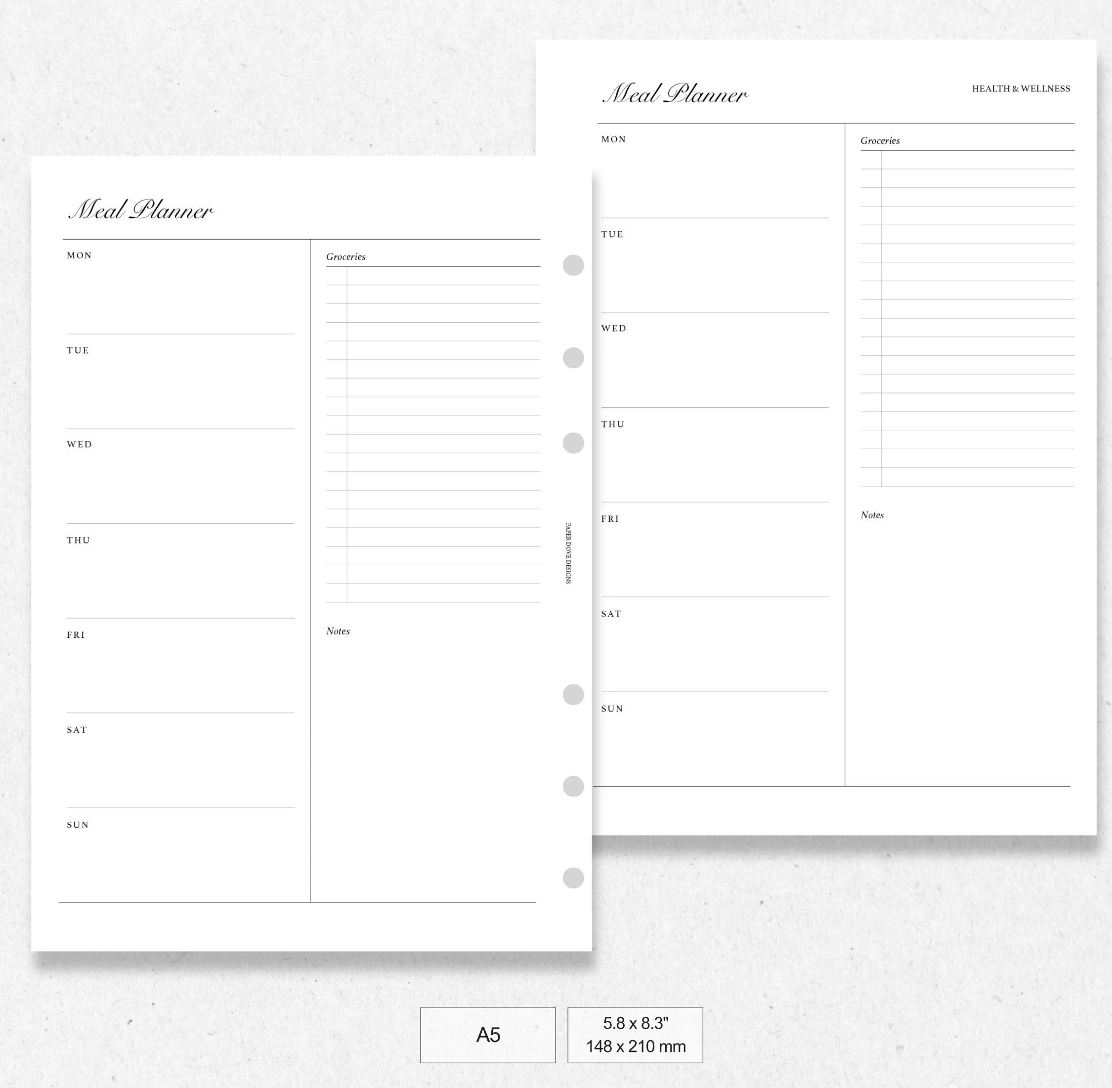 A5 Meal Planner Insert | Minimal Printable | Ring Binder Planner ...