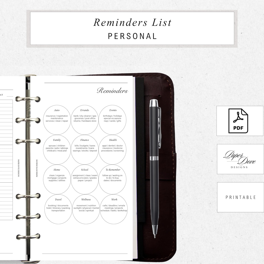 Printable Reminder List.pdf Personal Reminders List Insert | Minimal Printable | Ring Binder ...