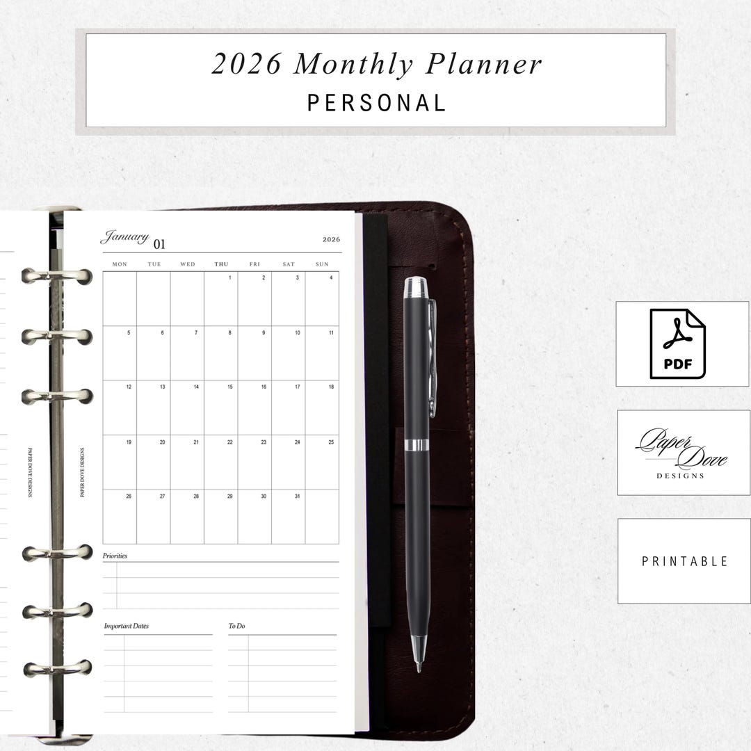 2026 Personal Monthly Planner Insert | Minimal Printable | Ring Binder ...