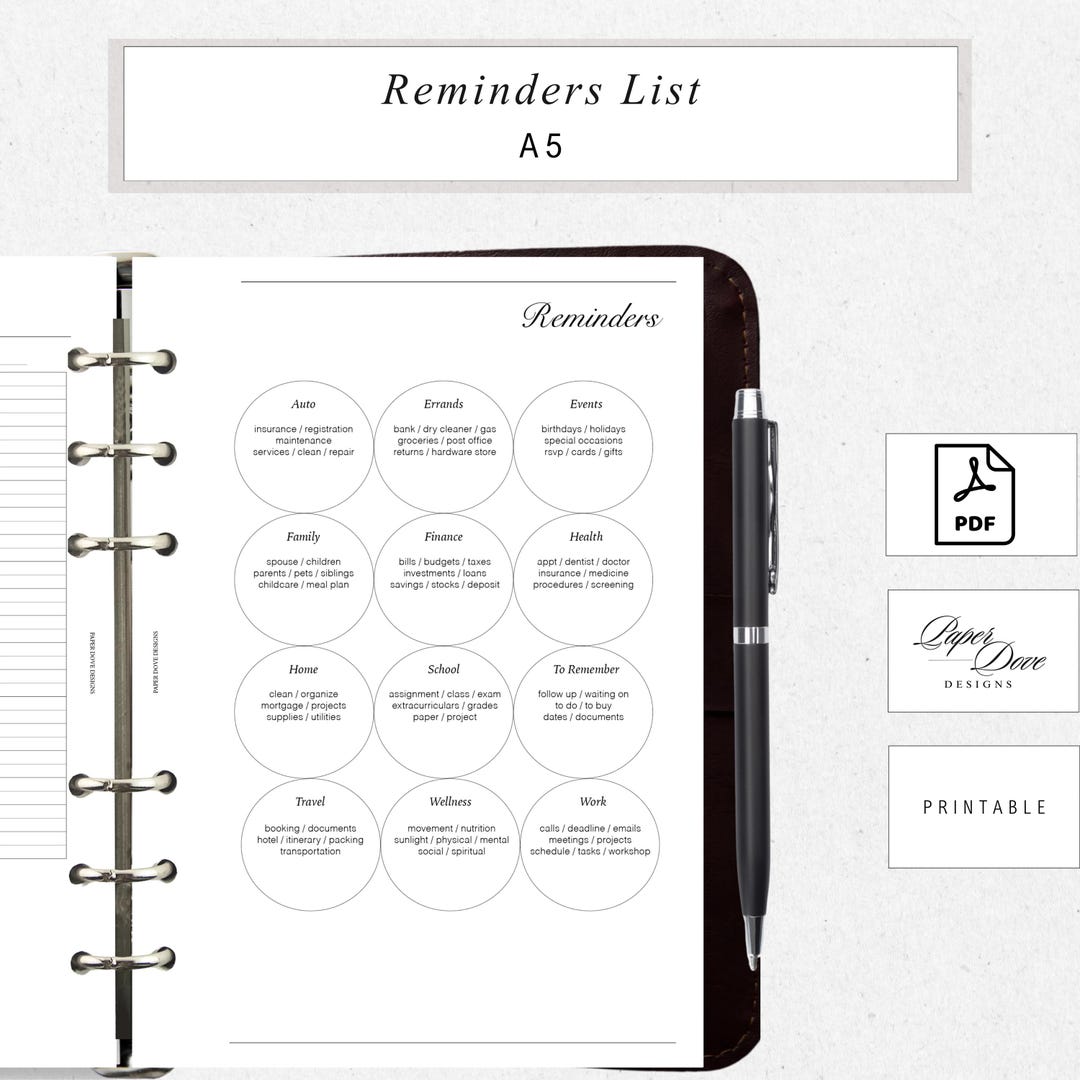 Printable Reminder List.pdf A5 Reminders List Insert | Minimal Printable | Ring Binder Planner ...