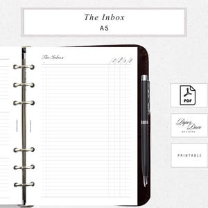 May include: A5 printable planner page labelled "The Inbox." The page has a lined layout with columns for "To Do," "On Hold," "Call," and "Email." A black pen is positioned beside the planner. The Paper Dove Designs logo and a PDF icon are visible.