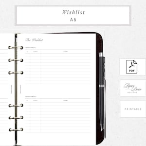 May include: A white A5 printable planner page titled "Wishlist". The page includes sections for category, cost, and item. A black pen is positioned on the right side of the planner. The PDF and Paper Dove Designs logos are visible.